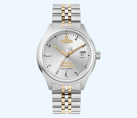 Vivienne Westwood Little Camberwell watch with silver and gold two-tone bracelet and silver dial, a versatile unisex design.
